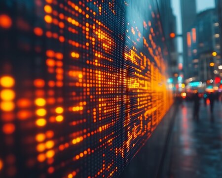Illuminated stock ticker in city at night.