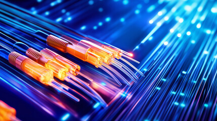 A slow-motion style shot of a digital data highway with glowing fiber optic pathways, creating a dynamic and futuristic technological background perfect for innovation themes.