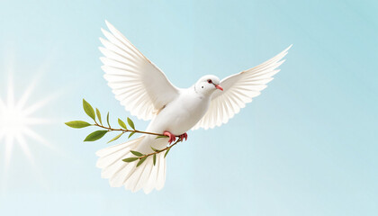 White dove flying with olive branch against blue sky