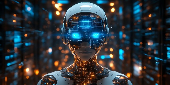 Futuristic robot with glowing eyes in a server room.