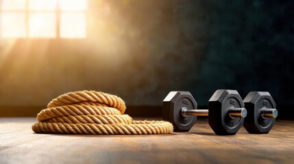Fototapeta premium A battle rope coiled on the floor next to a set of heavy-duty dumbbells.
