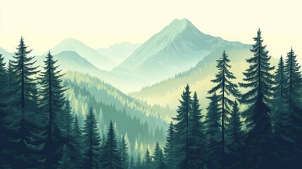 Pine forest with mountain and with fog aerial view in the morning photo illustration background wallpaper.