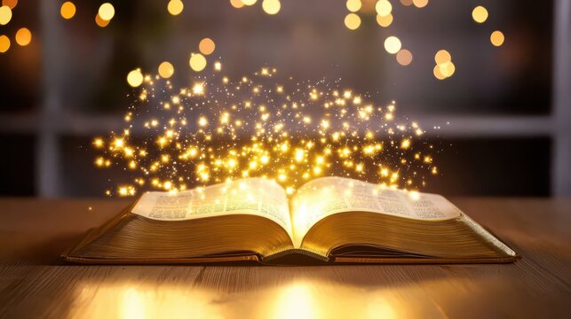 A Bible open on a wooden table, with a soft light illuminating the pages and highlighting key verses.