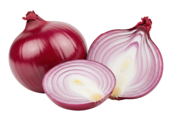 Two whole red onions and one sliced in half showing the white and purple layers, isolated on a white background