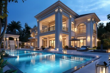 Fototapeta premium Stunning luxury house with a sparkling swimming pool illuminated at night in a serene residential area surrounded by greenery and palm trees