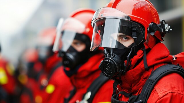 Life-saving aid training. Firefighters in protective gear preparing for an emergency response.