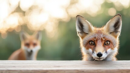 Obraz premium Curious fox peeking over wooden table with blurred fox in background