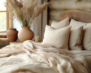 Cream linen bedding on rustic bed.
