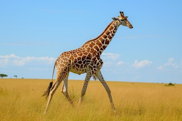 Obraz premium An elegant giraffe gracefully wanders across the golden plains of the African savanna during a sunny day, showcasing its unique patterns and majestic stature in the wild