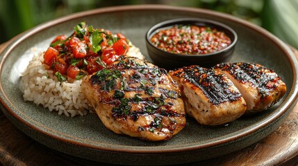 Grilled Chicken Breast with Rice Salsa and Sauce