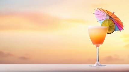 A close-up of a cocktail glass with a lime wedge and a colorful umbrella, set against a beach sunset backdrop.