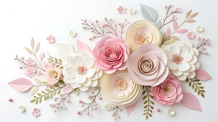 Romantic floral paper art design featuring pastel pink and white roses, delicate petals, and elegant leaves arranged symmetrically around a blank white background, creating a soft and dreamy aesthetic