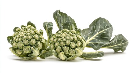 Fototapeta premium Two Romanesco Cabbages with Leaves on White Background