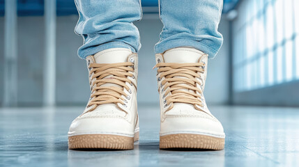 Stylish sneakers ready for action on smooth floor surface