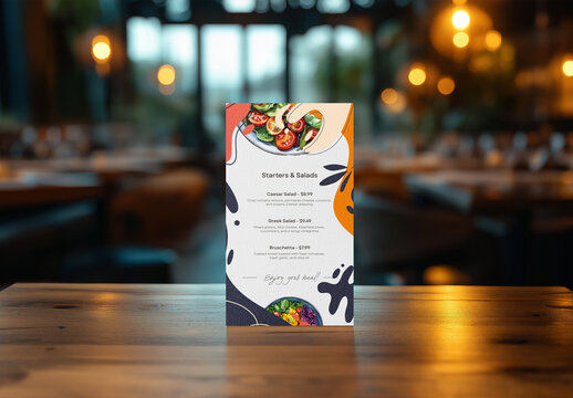 Restaurant Menu Mockup &ndash; Vertical Card Template on Wooden Table in Ambient Dining Scene for Food Branding, Specials or Tabletop Display Presentation