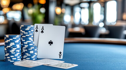 close up of poker table with chips and cards ready for play