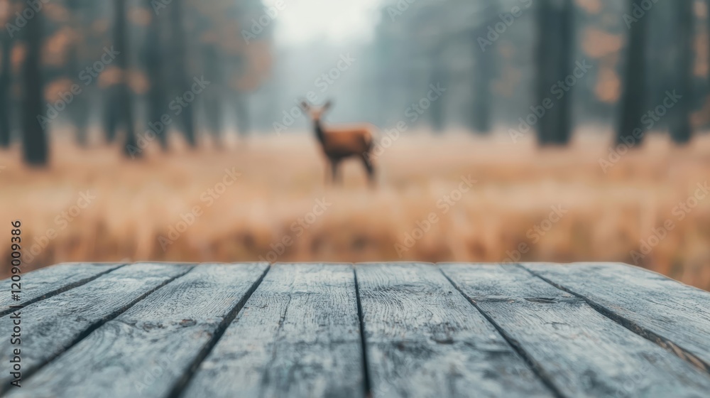 Poster empty wooden table overlooking deer grazing in misty forest