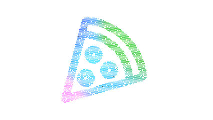 Icon pizza slice is made up of LED square shapes. There are bright diodes and there are black dead diodes