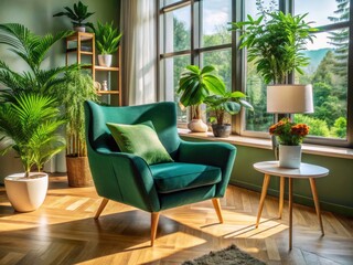 Fototapeta premium Drone View Modern Living Room Green Armchair Plant Tranquility Cozy Interior Design