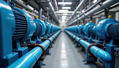 Industrial plant room displays many blue pumps, piping. HVAC system equipment shown. Complex machinery in manufacturing facility. Maintenance construction might in progress. Commercial building