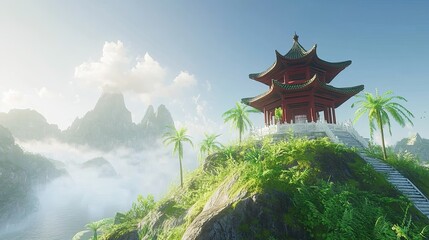 Serene Pagoda Atop Lush Tropical Mountain Peak