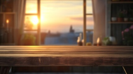 Wooden Tabletop Against Sunset Window View