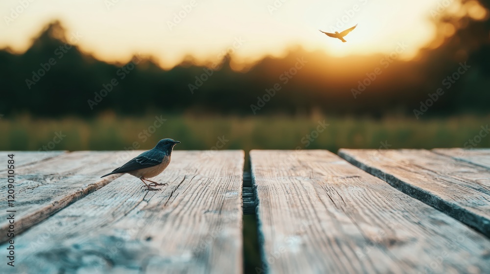 Poster bird standing on rustic wooden table at sunset with another bird flying