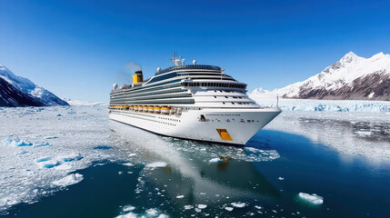 cruise ship navigating through icy waters surrounded by glaciers and mountains