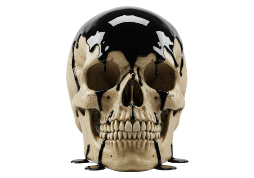 Realistic skull covered with glossy black liquid dripping down its surface, isolated on a white background