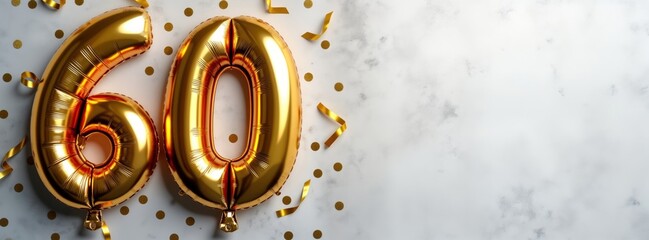 Golden foil balloons shaped as number sixty on gray concrete background. Festive decorations for birthday anniversary celebration. Great for cards invitations, party decor. Stylish, elegant design