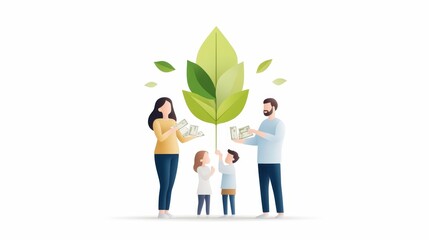 Family Embracing Sustainable Future with Green Plant Symbolizing Growth and Financial Prosperity in Minimalist Style Illustration