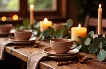 Dinner table features earthy tones with candles, cups, and fresh greenery, creating a warm and inviting atmosphere