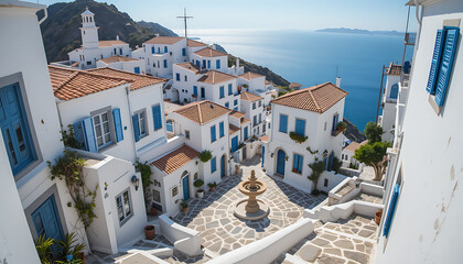 Whitewashed Buildings with Blue Accents in Coastal Village with Sea View at Sunset