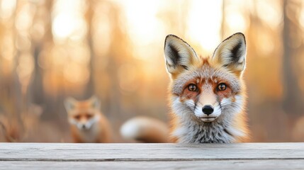 Obraz premium Curious fox resting on wooden surface in autumnal forest