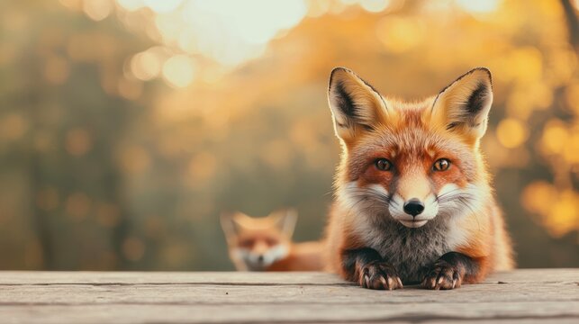 Red fox resting on wooden surface in autumn forest