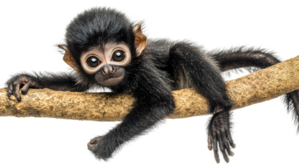 Baby monkey explores a branch in a serene environment during daylight isolated on transparent background