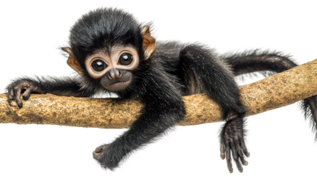 Baby monkey explores a branch in a serene environment during daylight isolated on transparent background