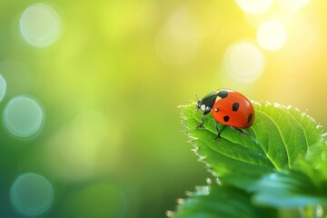 Fototapeta premium A vibrant ladybug perched on a green leaf in a sunlit garden, showcasing nature's beauty and intricate details of the insect surrounded by a soft, blurred background
