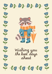 Greeting card with botanical elements and spring forest character - raccoon in coat, scarf, wellies with umbrella. Banner with flowers and animal. Vector floral poster.