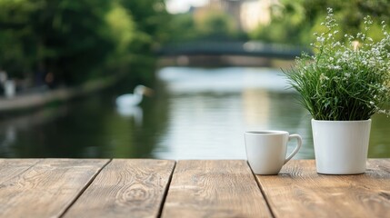 Fototapeta premium Enjoying a relaxing morning coffee by the river