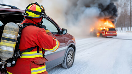 firefighter responding to vehicle fire in snowy conditions, showcasing bravery and urgency