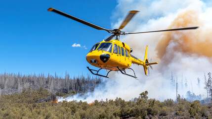 helicopter conducting aerial firefighting operations in smoky landscape