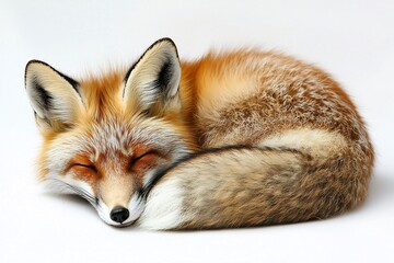 Fototapeta premium Fox curled up peacefully on a white background with its tail wrapped around itself
