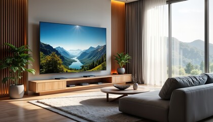 Modern living room features big flat screen TV showing scenic mountain landscape. Light wooden furniture complements clean lines, spacious feel. Comfortable sofa, coffee table offer relaxed ambiance.