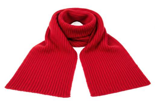 Bright red knitted scarf with a thick, ribbed texture, neatly folded, isolated on a white background