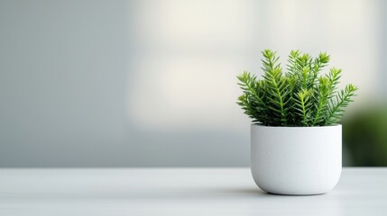 Small green plant in a white pot decorating a modern office desk