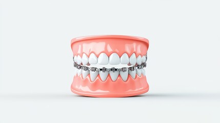Realistic 3D Model of Human Teeth with Metal Braces Displayed on a Plain Background, Perfect for Dental Education, Orthodontics Materials, and Health Awareness Campaigns