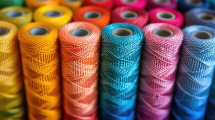 A diverse collection of thread spools in a variety of bright colors are neatly laid out on a surface, ideal for textile projects, crafts, and fashion design.