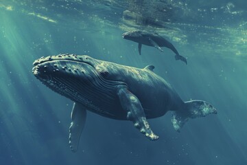Fototapeta premium A mama whale swims gracefully with her baby whale in the serene ocean depths, highlighting the nurturing bond between them during a sunny day underwater