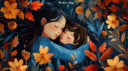 Happy mother with her baby on a floral backdrop, embodying the spirit of Mother's Day with love and joy.